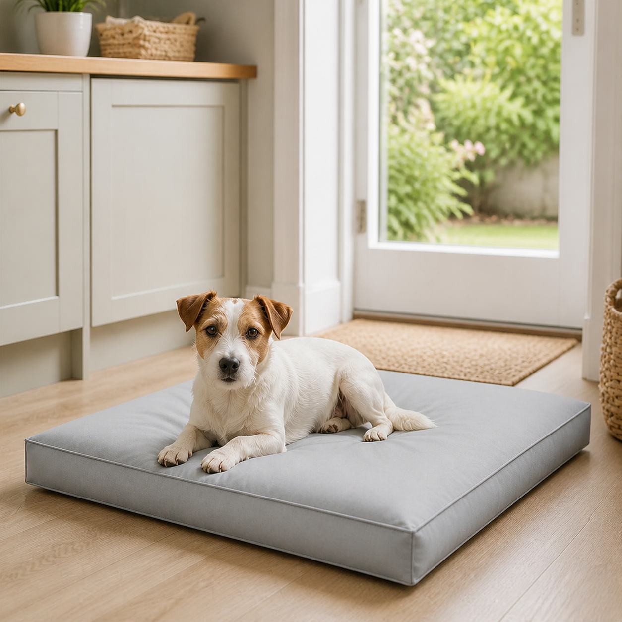 Washable Waterproof Pet Mattress — Grey, Small — in everyday use