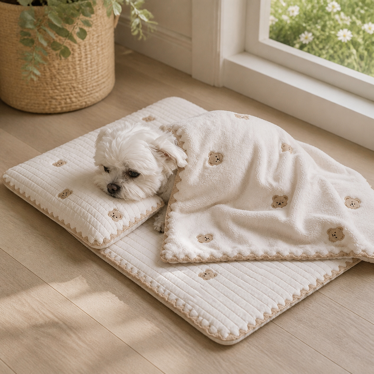 Washable Dog Bed With Pillow & Cover — Bear, Medium — in-room or garden context