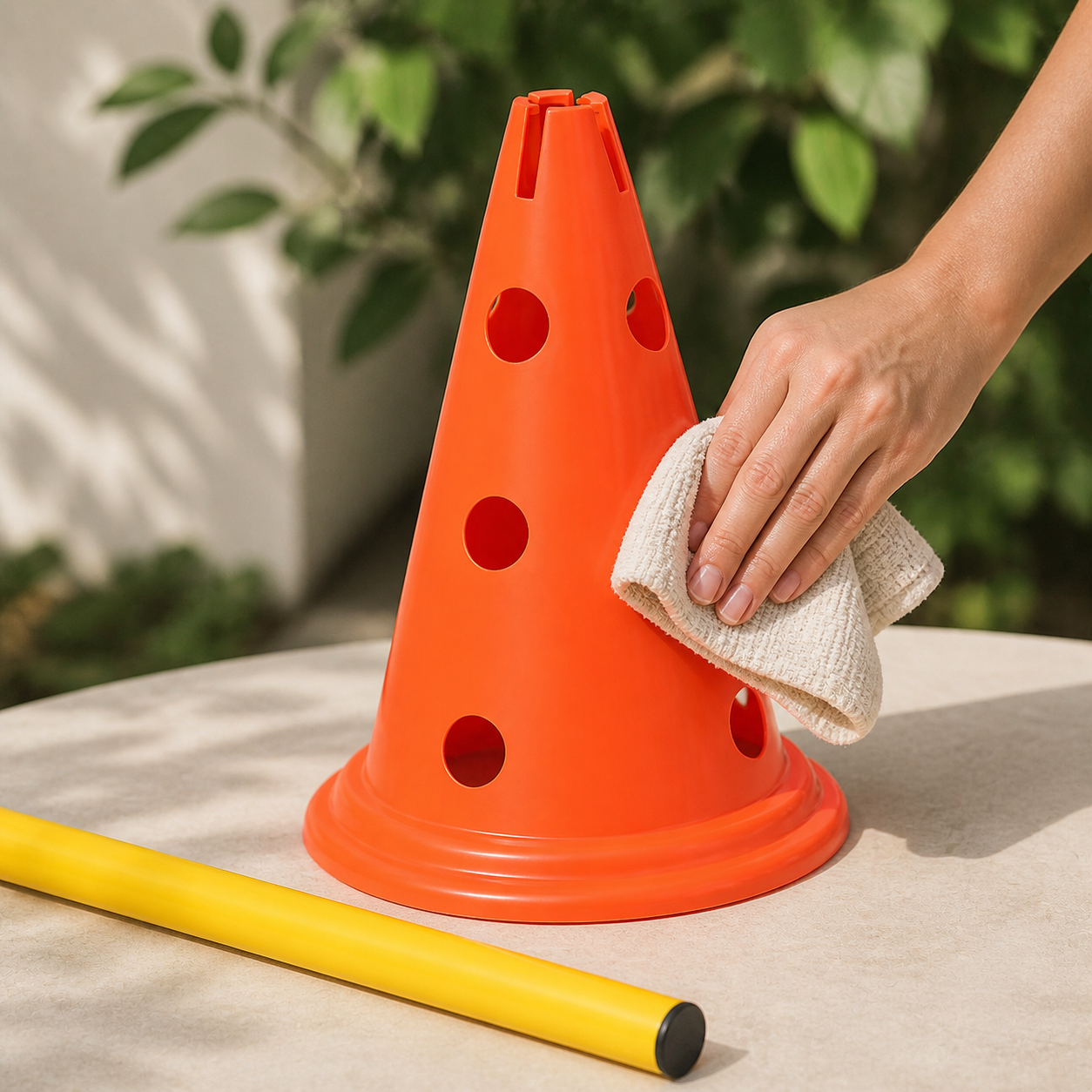 Orange agility cone being wiped clean with a damp cloth
