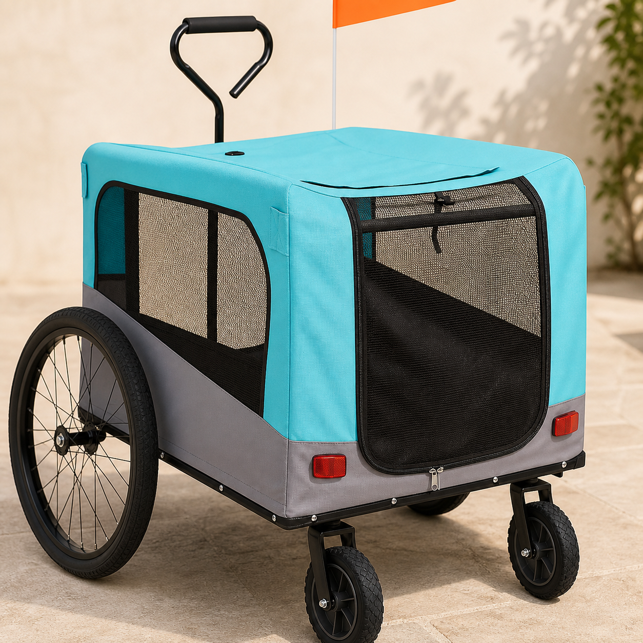 Black mesh ventilation panels and zipped entry on the pet trailer