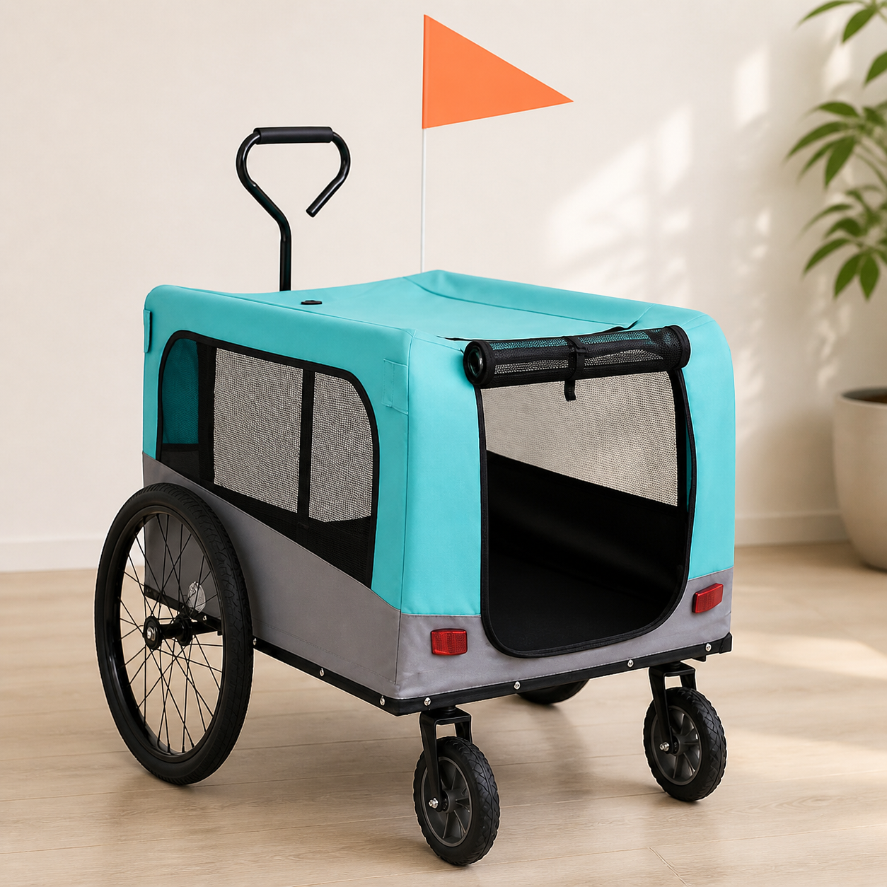 Pet trailer with the front mesh entry rolled open