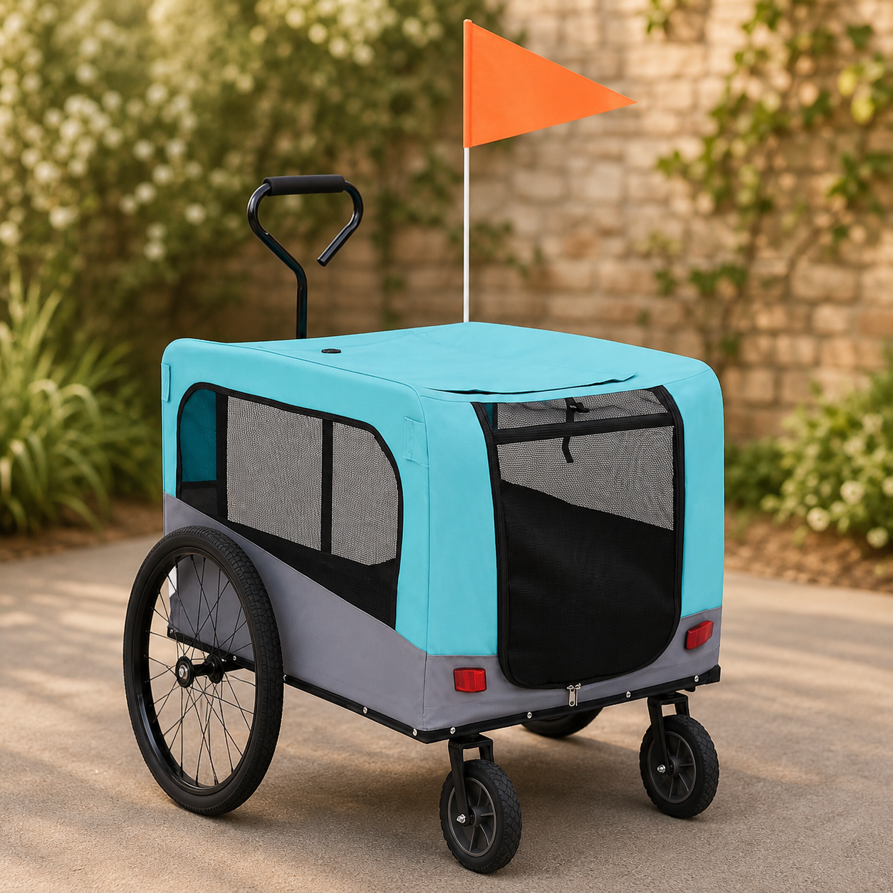 Orange safety flag and red rear reflectors on the pet trailer