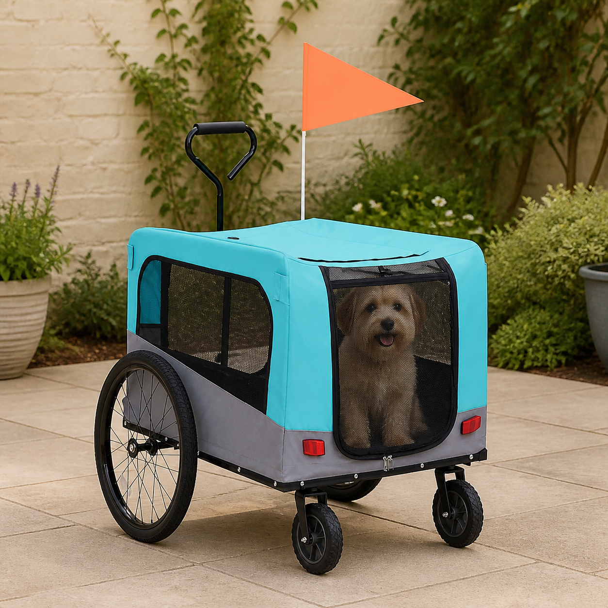 Small dog sitting inside the enclosed mesh pet trailer cabin