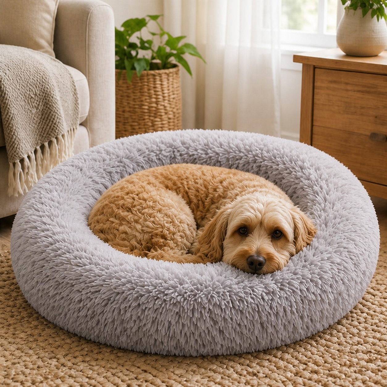 Dog curled inside the raised rim of the grey round bed