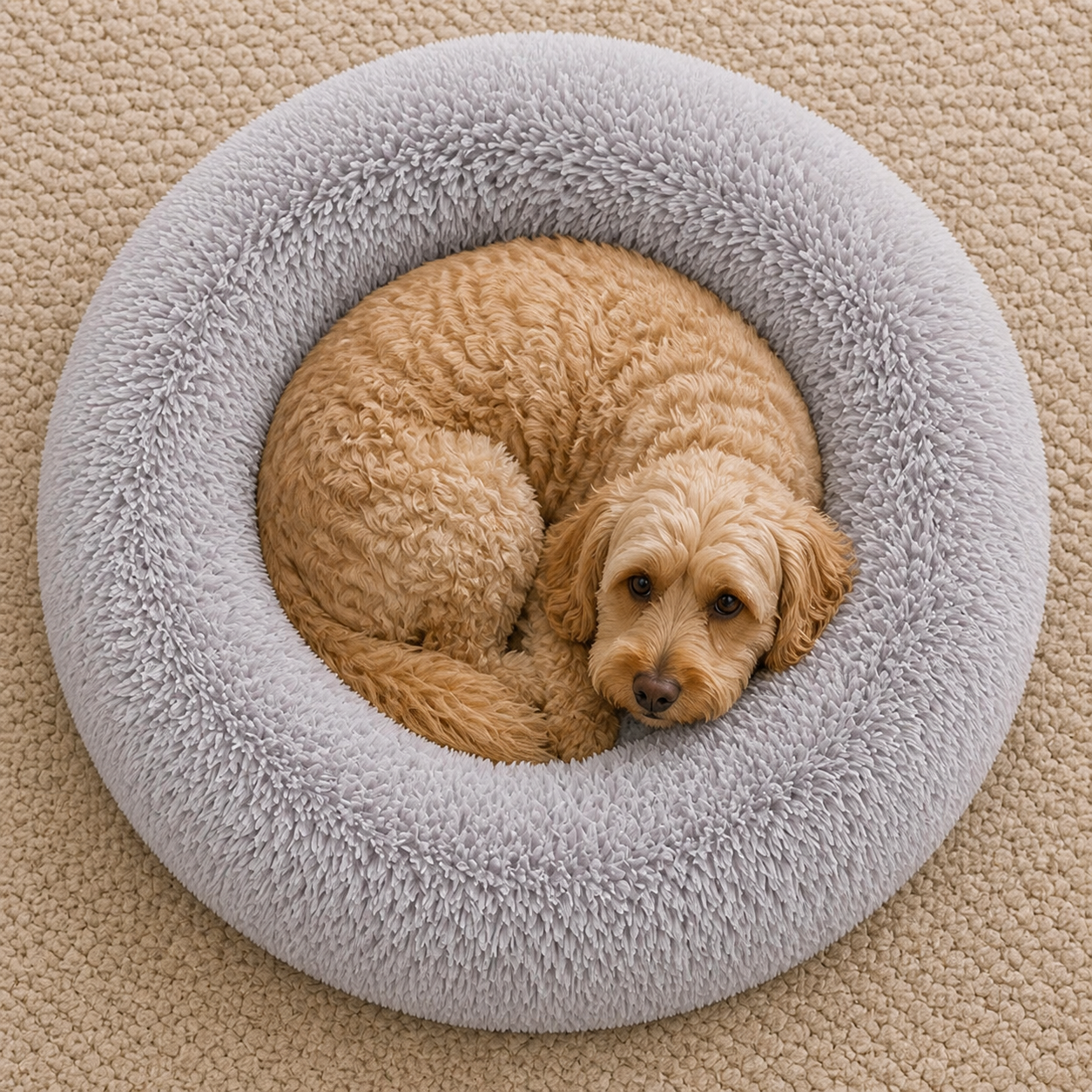 Top-down view of a dog curled within the round bed