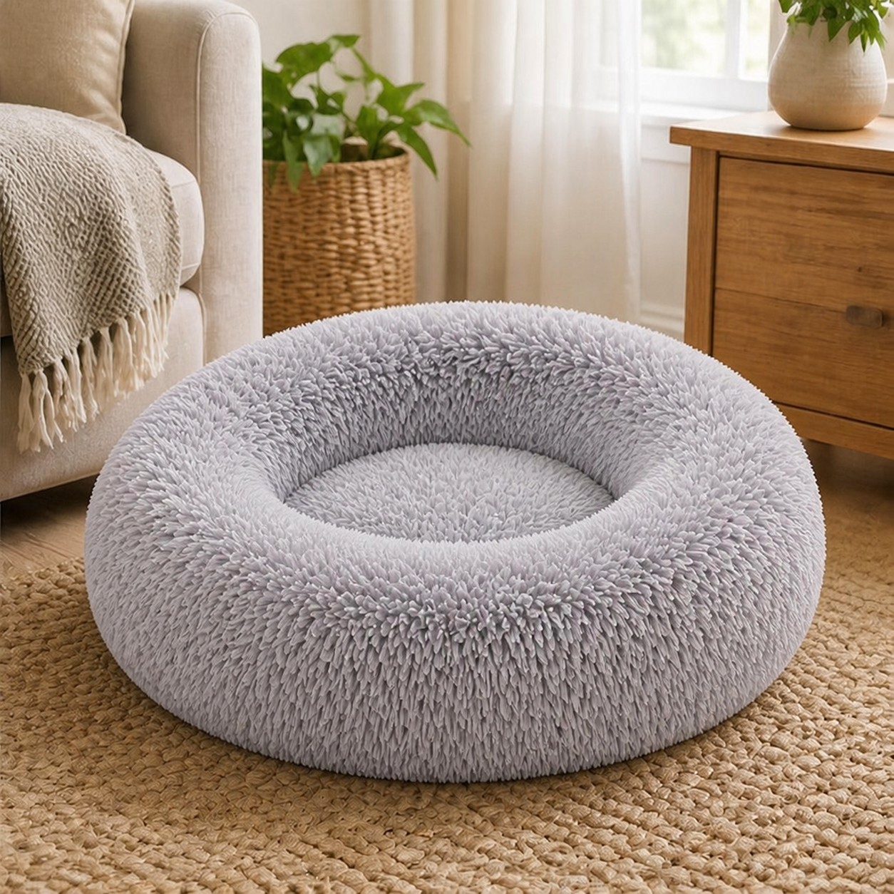 Pale grey round pet bed positioned beside a sofa