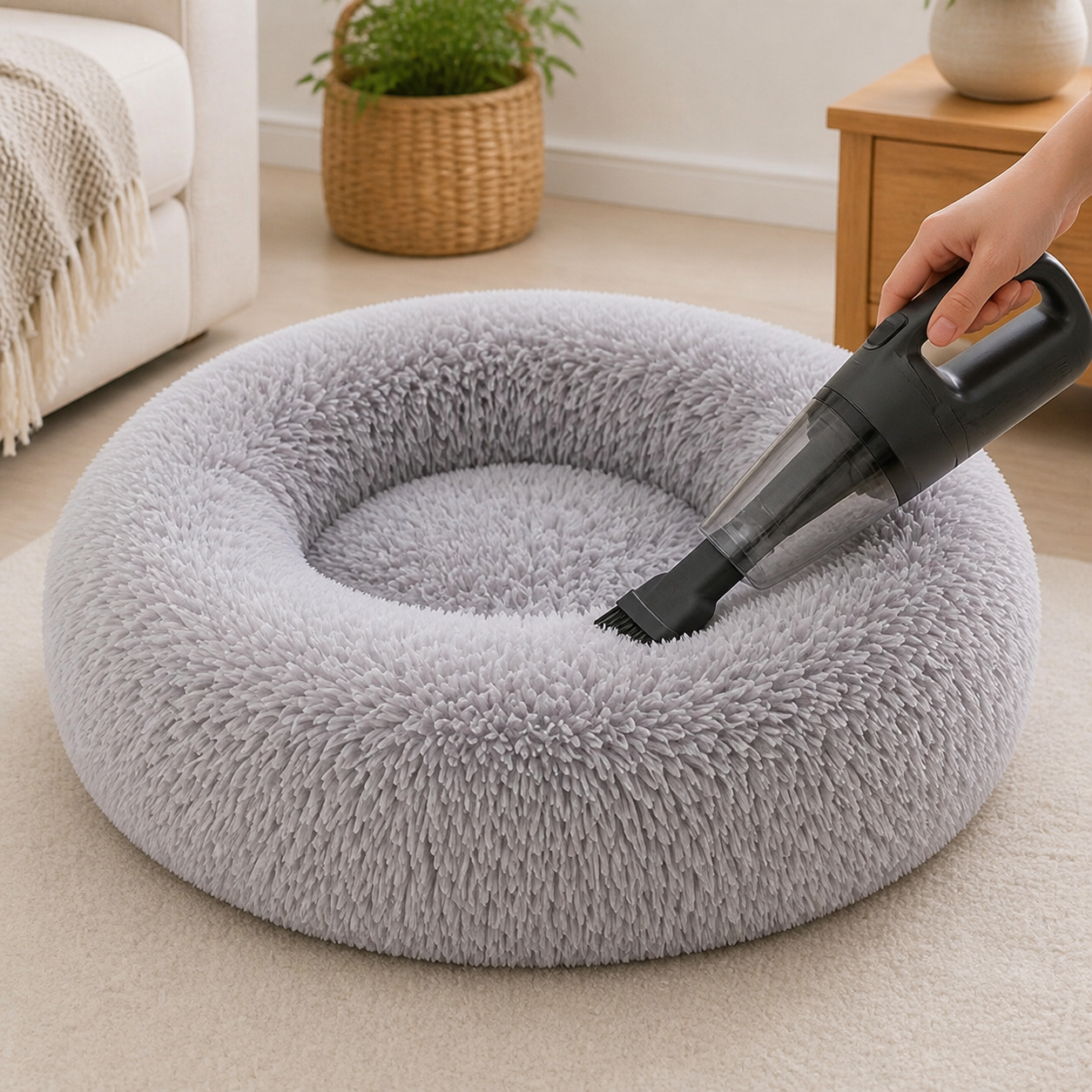 Loose hair being vacuumed from the plush pet bed
