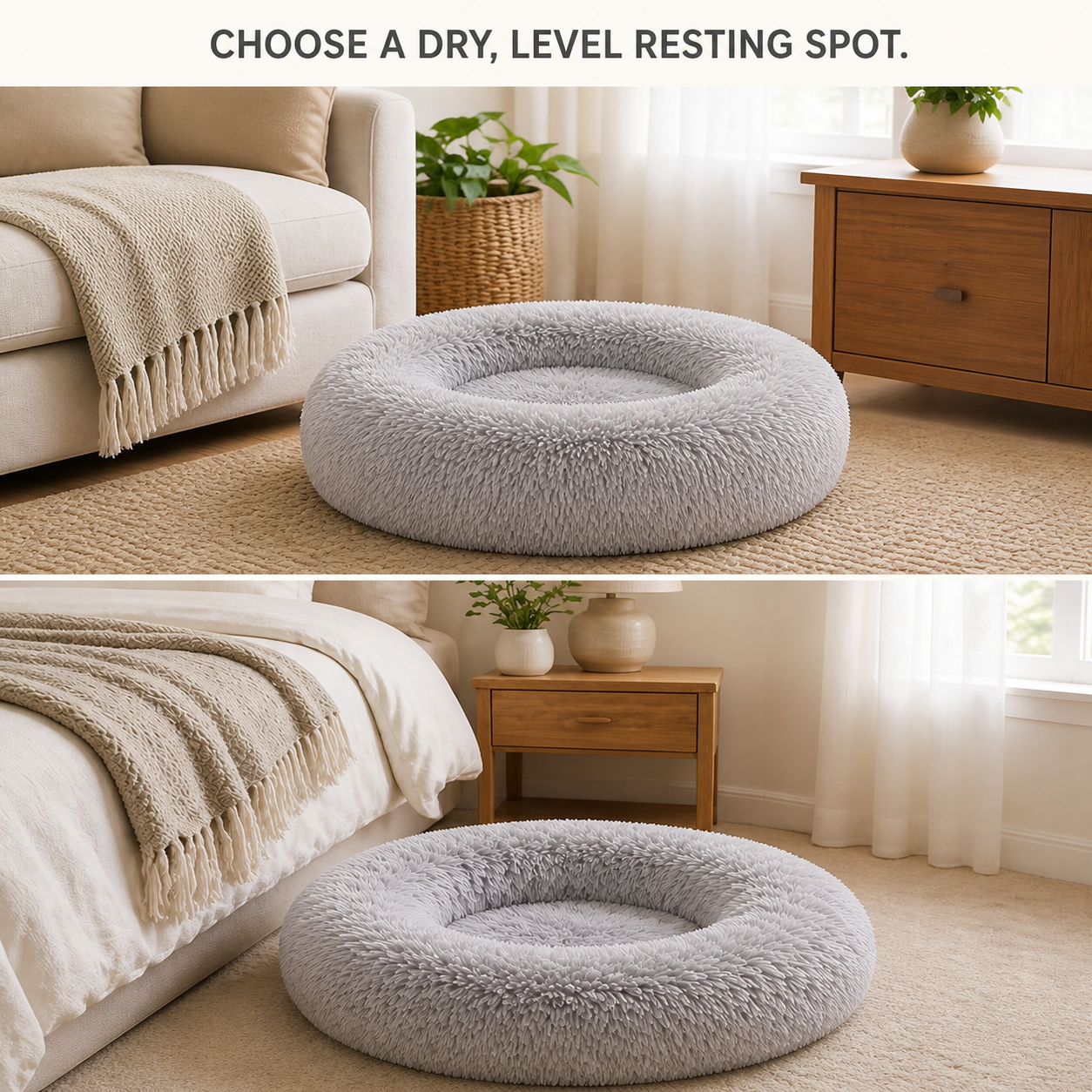 Round pet bed shown in living room and bedroom positions