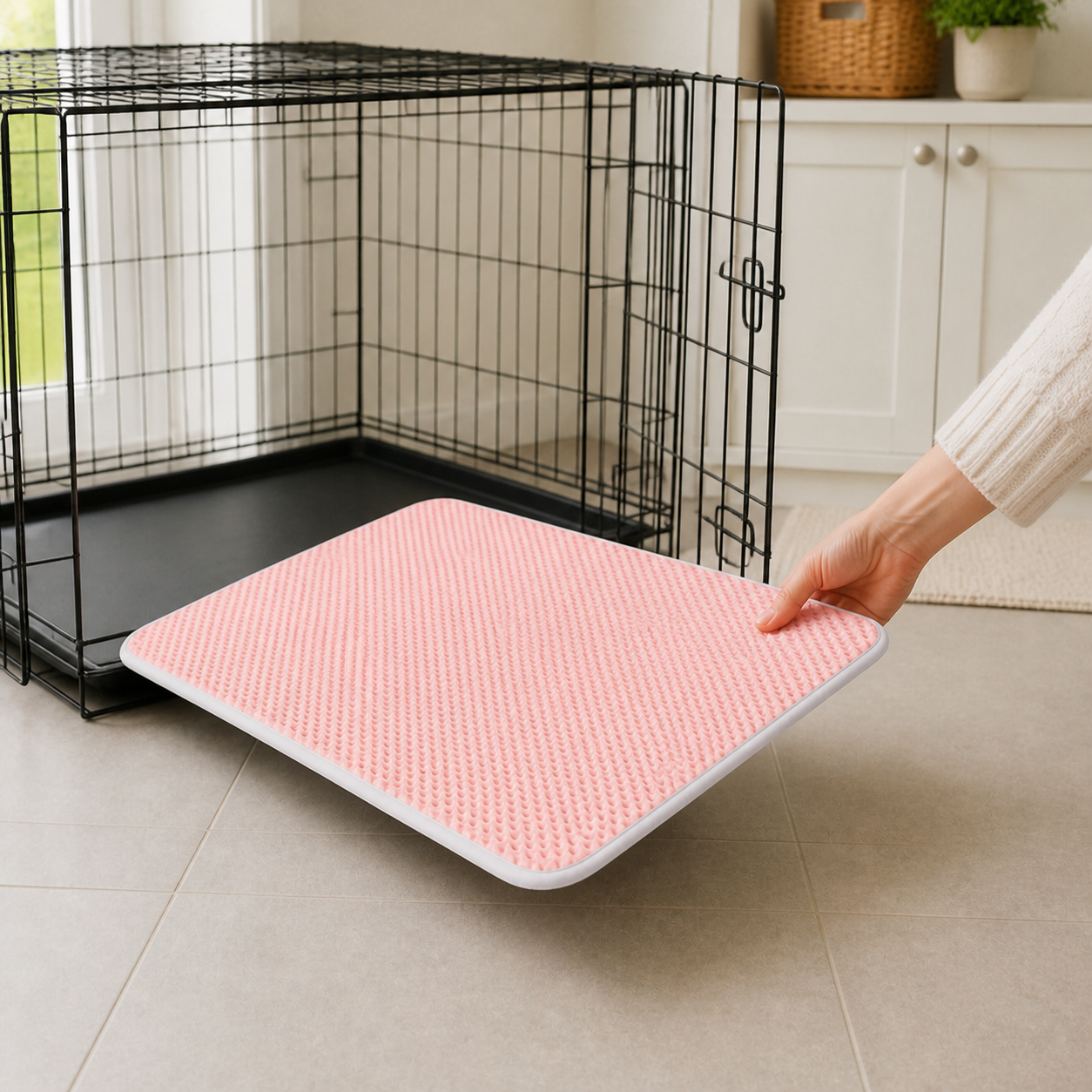 Lightweight pink pet mat being moved towards an open dog crate