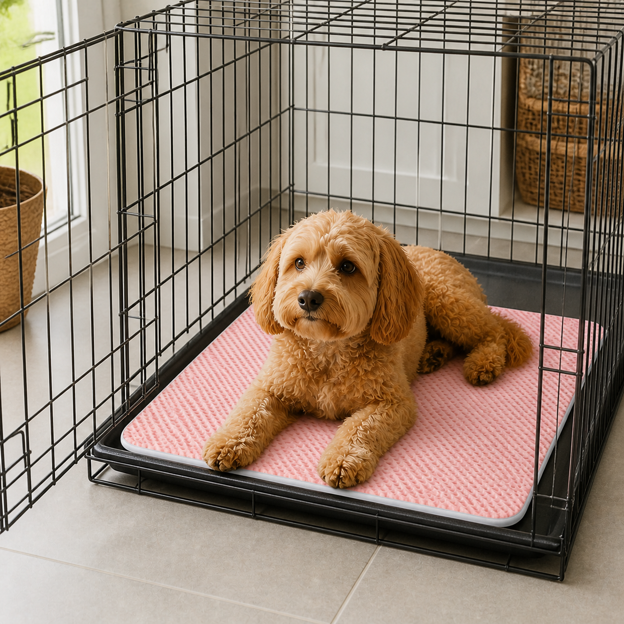 Small dog resting on the pink breathable mat inside an open wire crate