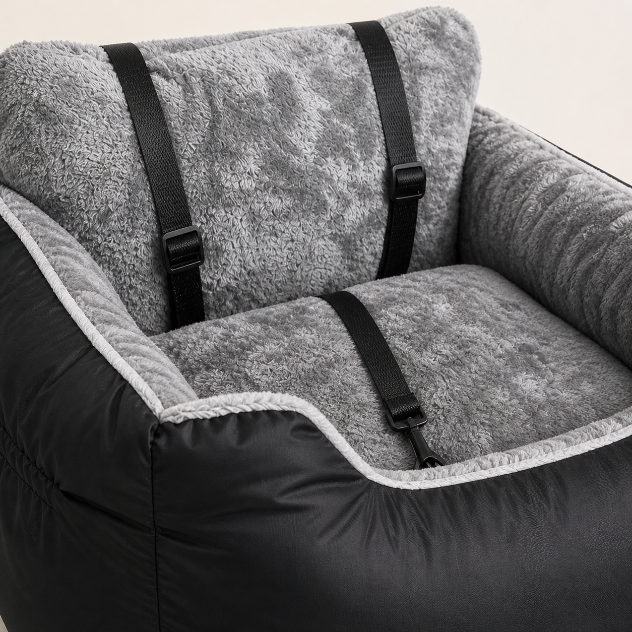 Plush grey lining, pale piping and black outer fabric