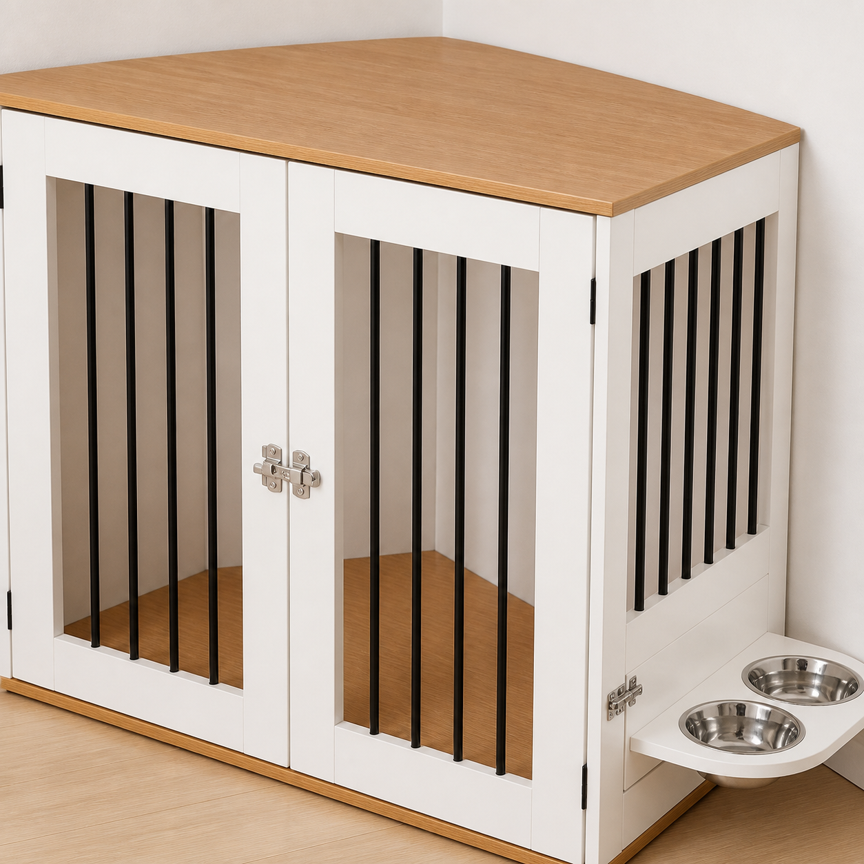 Wood top, white frame and black metal bar detail