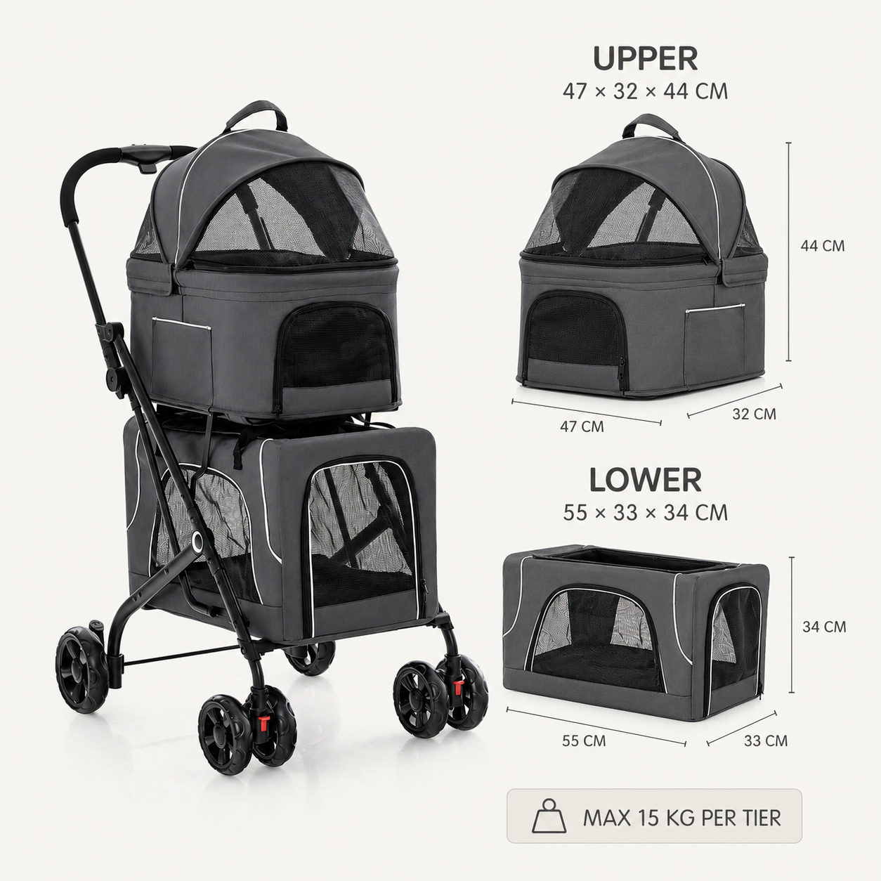 Upper and lower carrier dimensions and weight limits