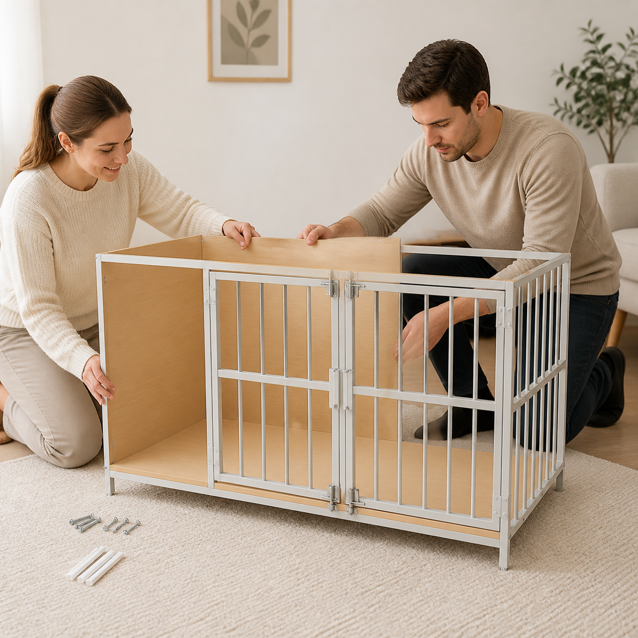 Two adults assembling the dog crate furniture