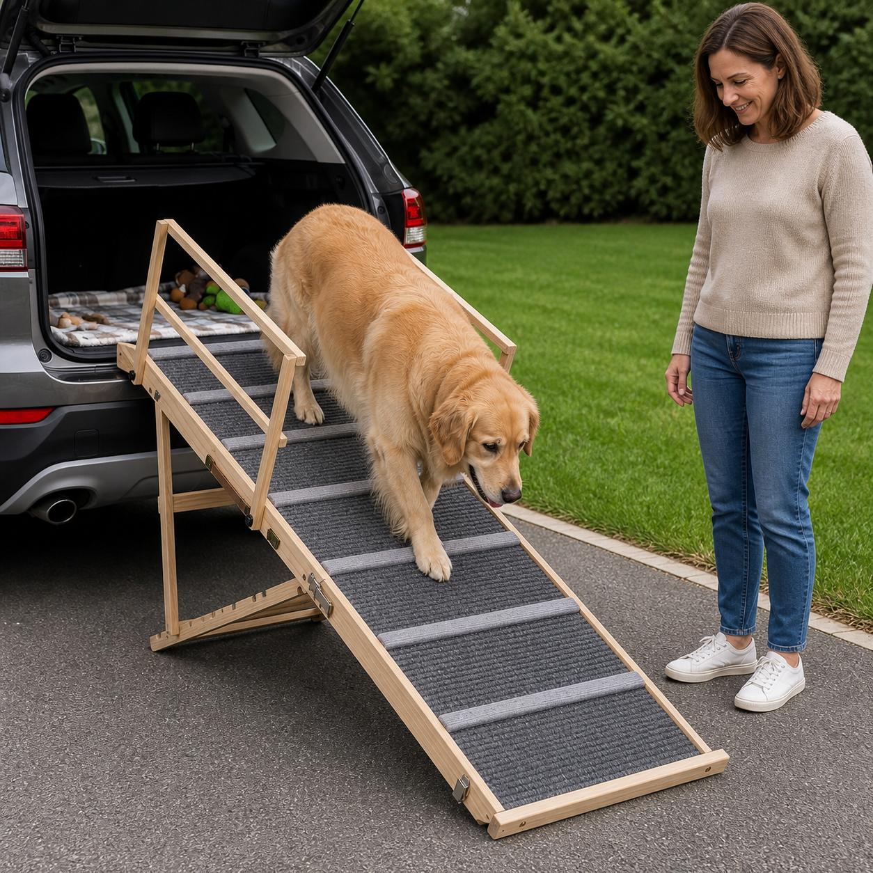 Dog descending the ramp from an open vehicle boot