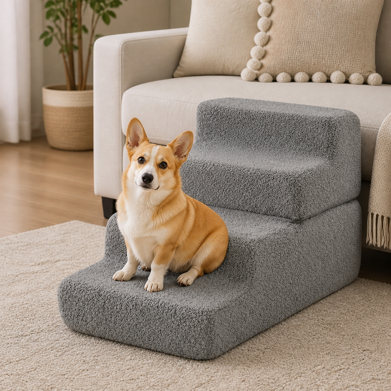 Small dog sitting on the lower foam step beside a sofa