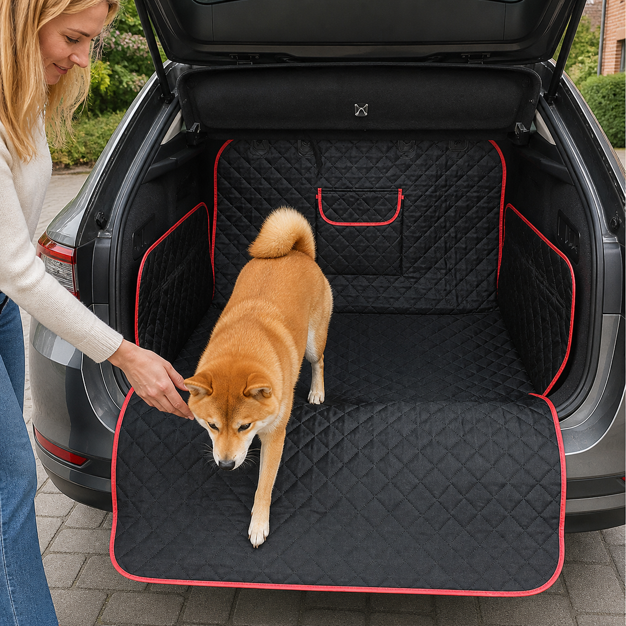 Dog stepping over the extended bumper-protection flap