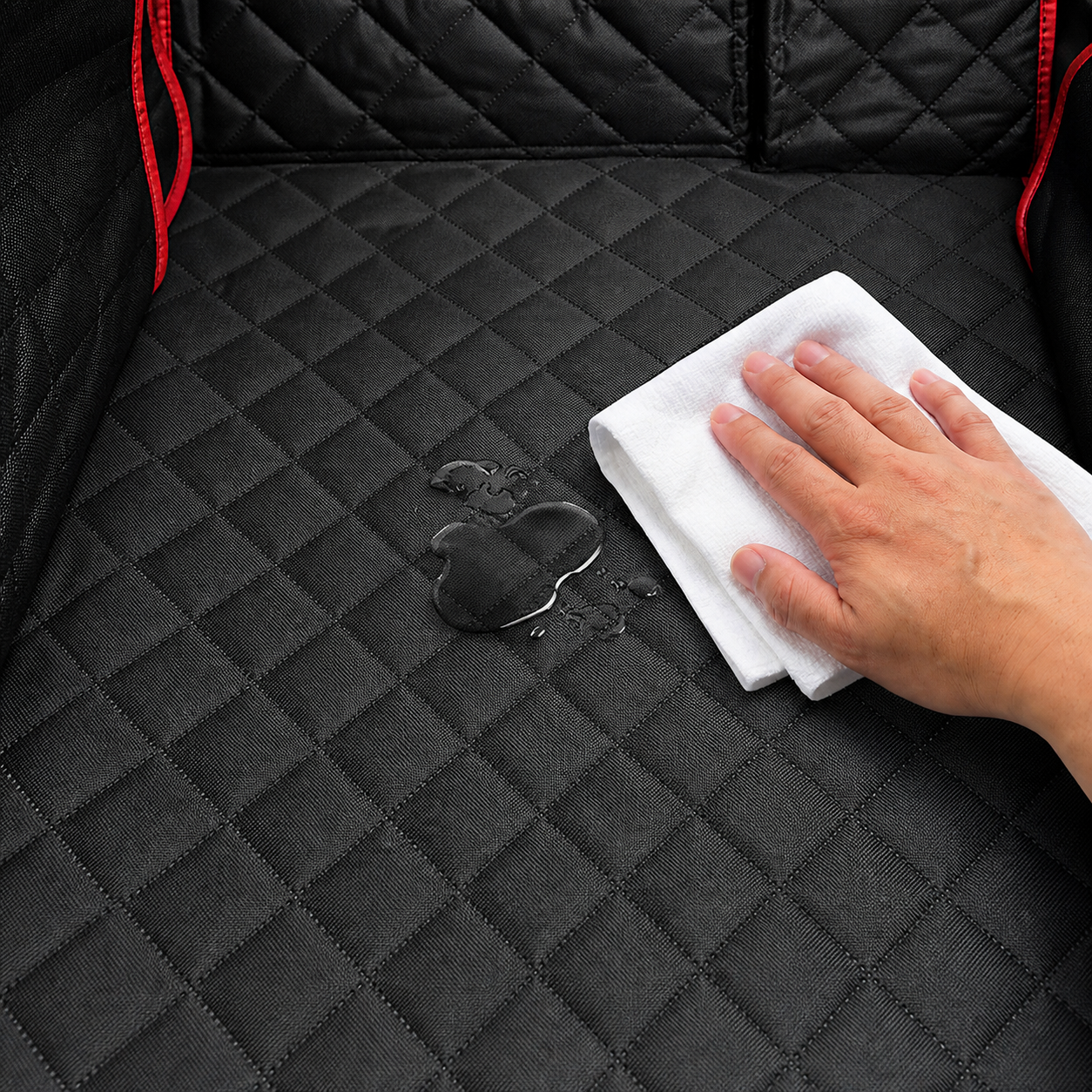 Small water spill being wiped from the quilted liner