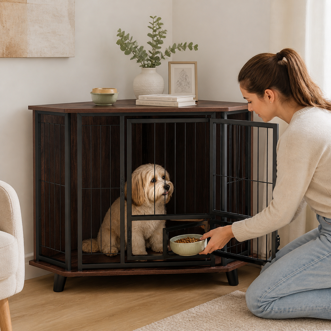 Space-Saving Corner Dog Crate with Feeding Door — owner setup