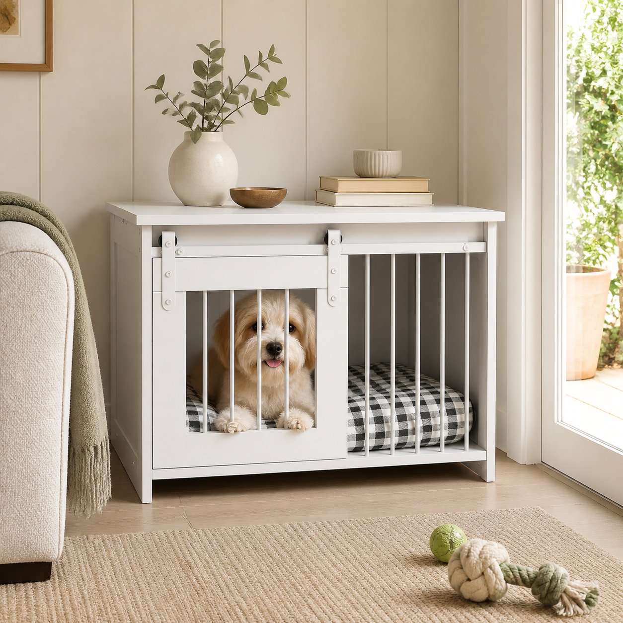 Sliding-Door Dog Crate Furniture — 80cm — in everyday use