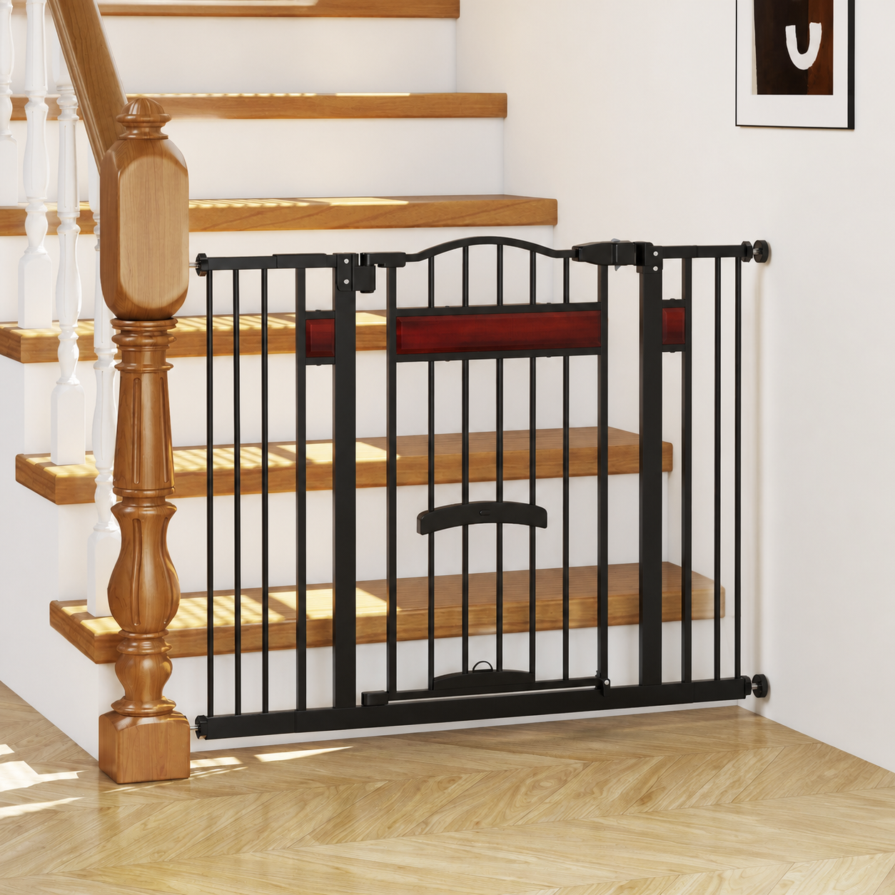 Pet gate securely mounted by stairs