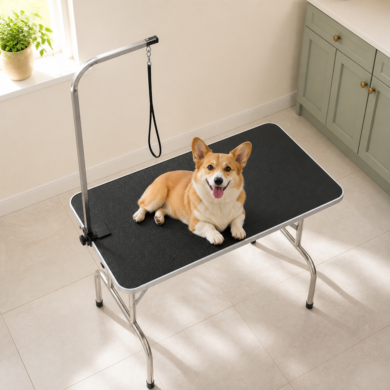 Overhead view of dog grooming table