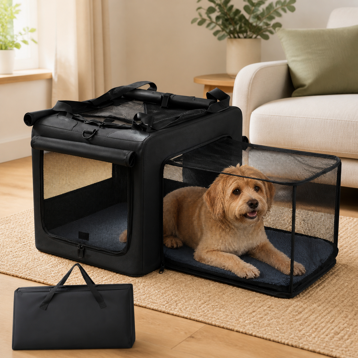 Folding Soft Dog Crate with Expandable Side — in everyday use