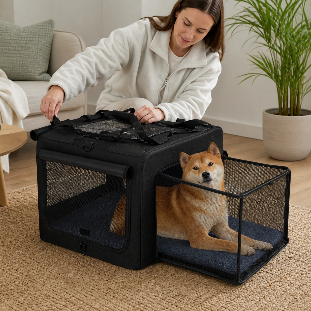 Folding Soft Dog Crate with Expandable Side — owner setup
