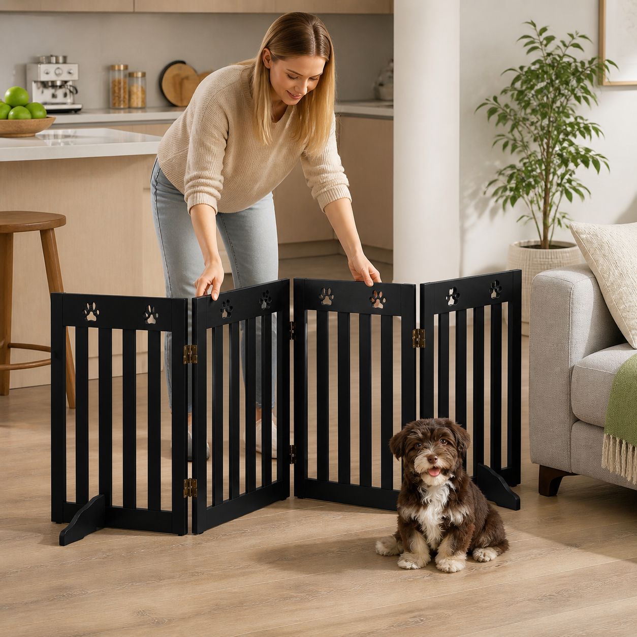 Four-Panel Freestanding Dog Gate — 203cm — owner setup
