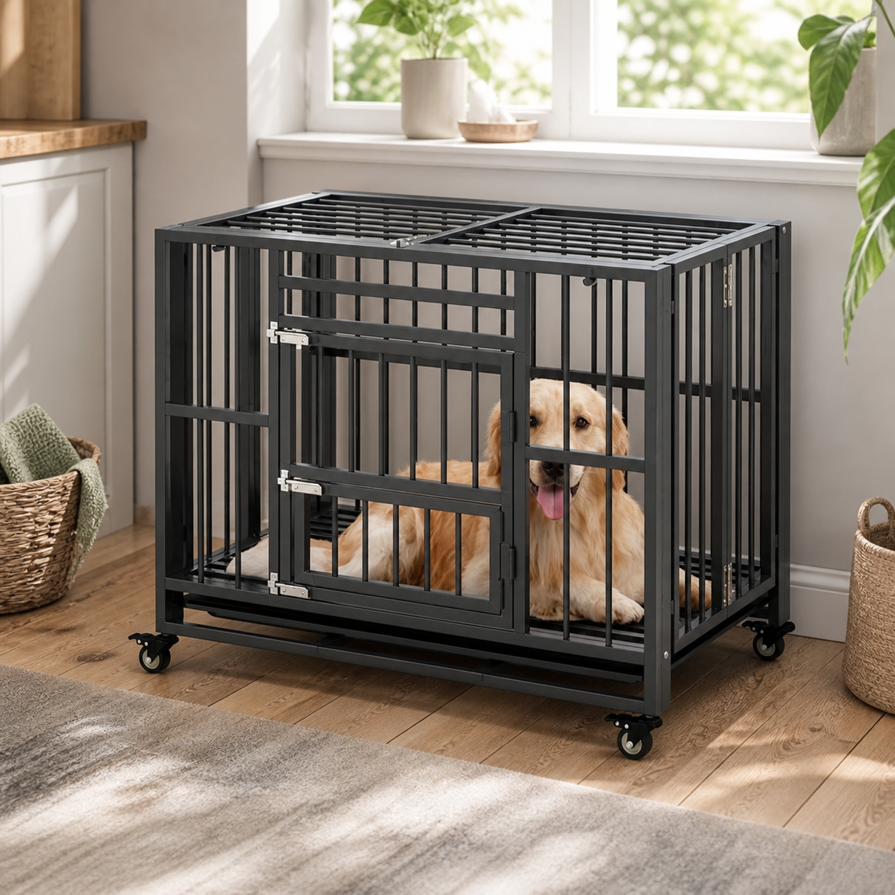 Heavy-Duty Folding Dog Crate with Three Doors — in-room or garden context