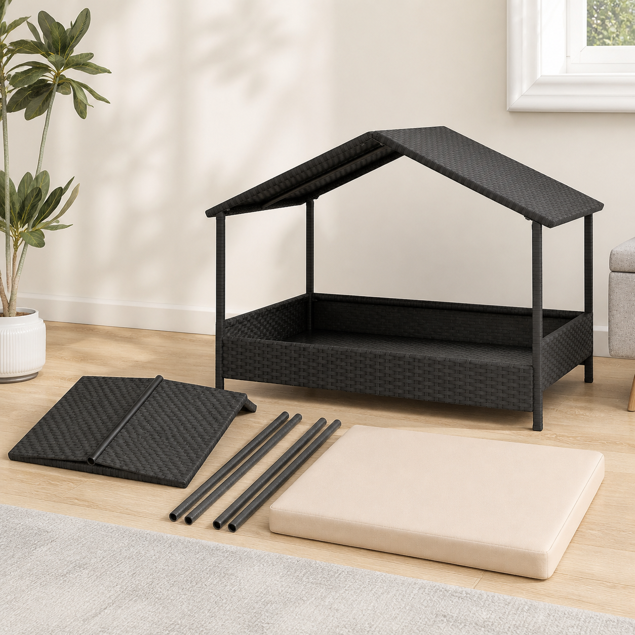 Raised Wicker Dog House with Canopy — included components