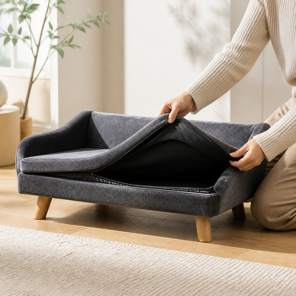 Raised Pet Sofa Bed with Removable Cushion — storage or care view