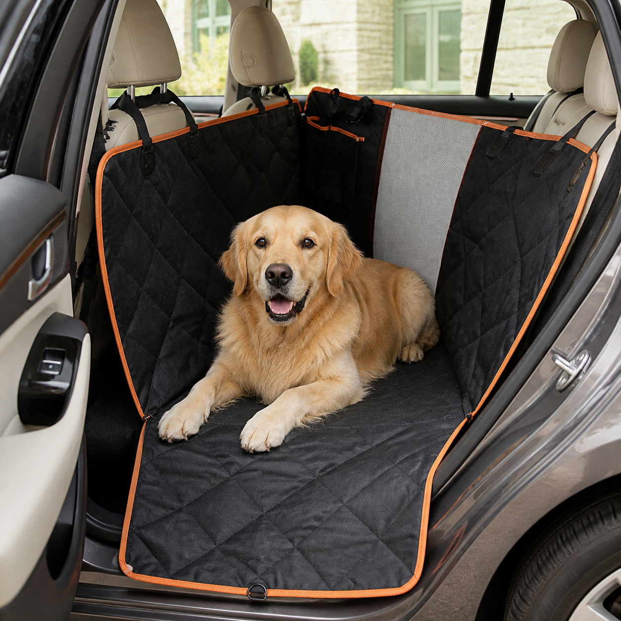 Quilted Dog Car Hammock with Side Protection — in everyday use
