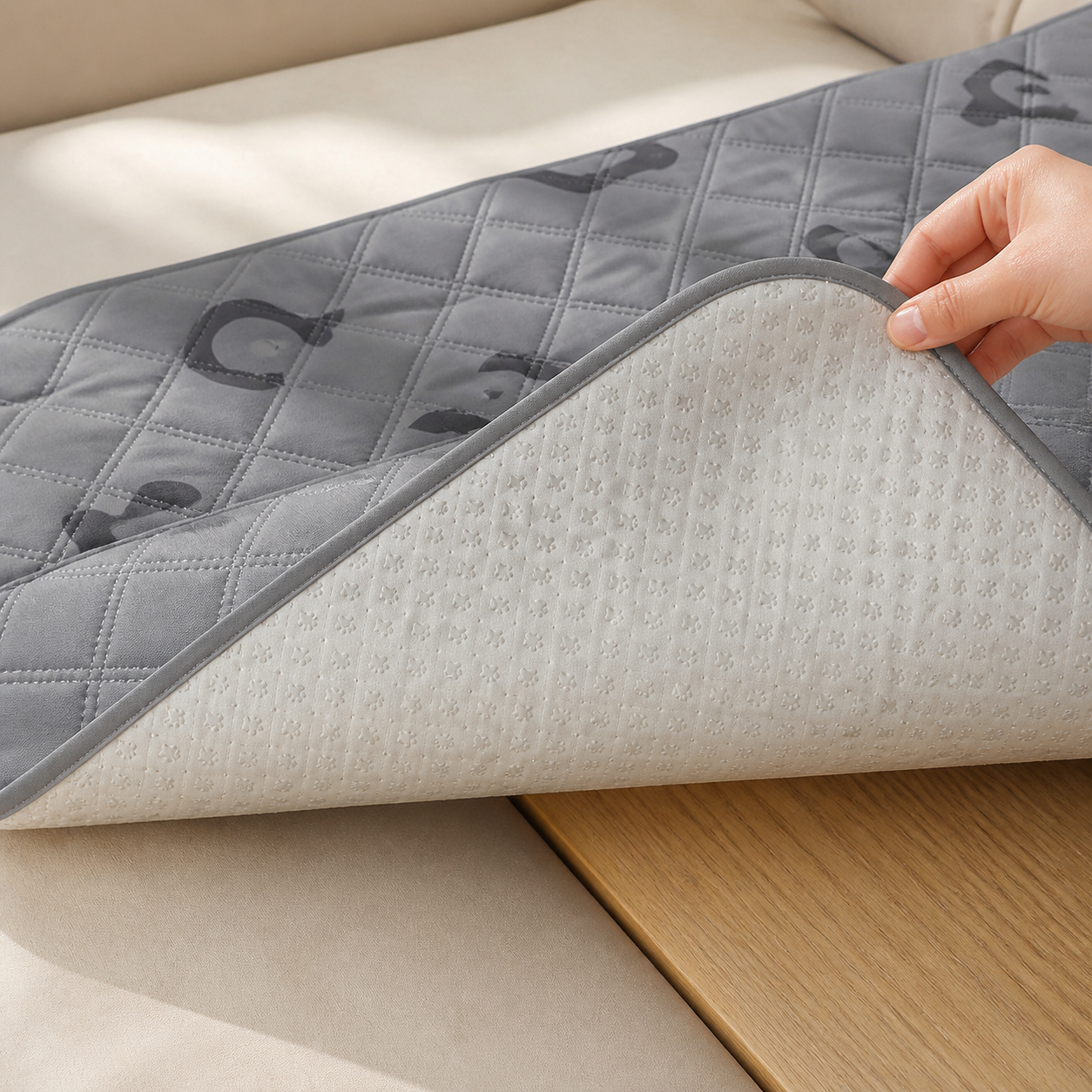 Waterproof Quilted Dog Sofa Protector — Dove Grey — key feature detail