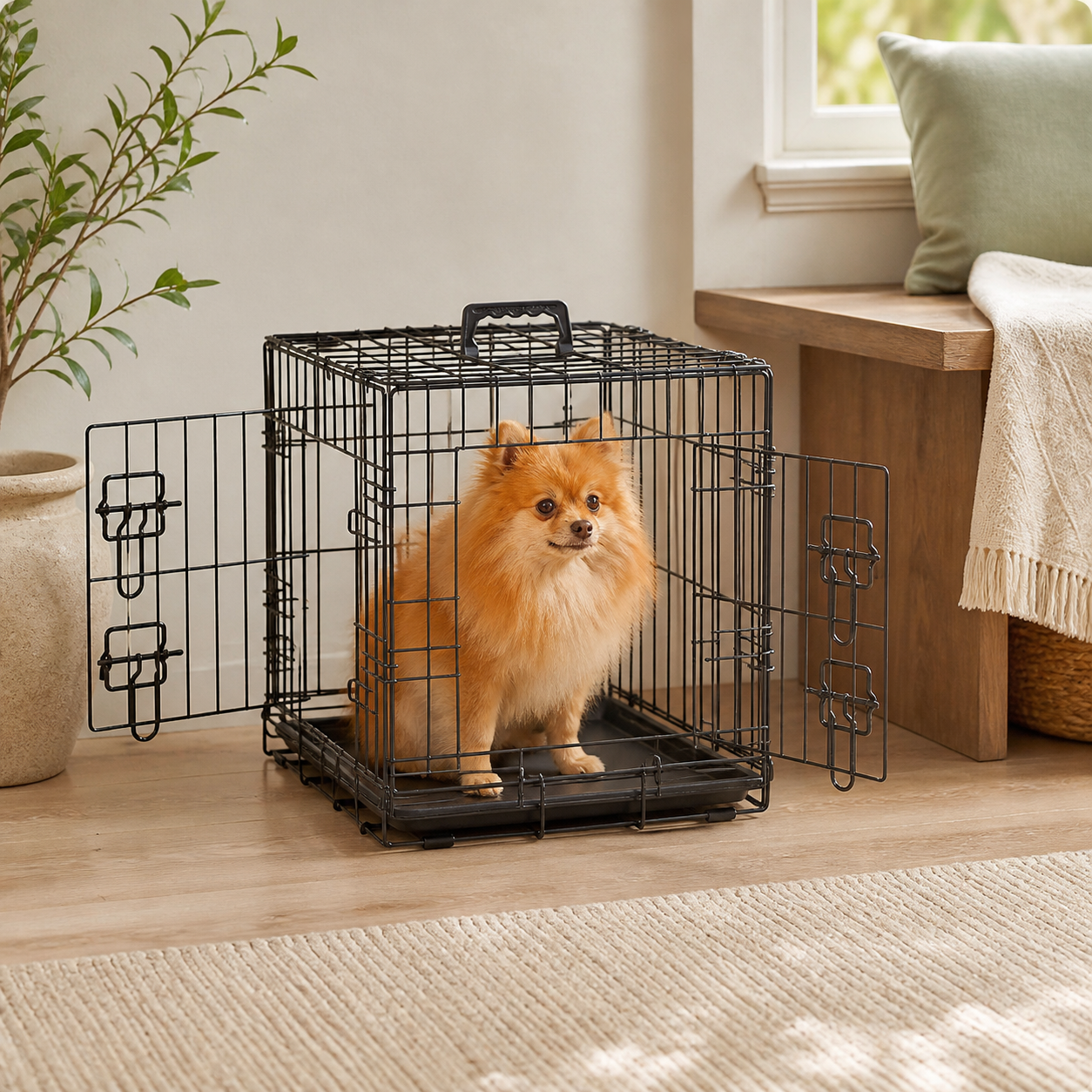 Foldable Two-Door Wire Dog Crate — Small — in everyday use