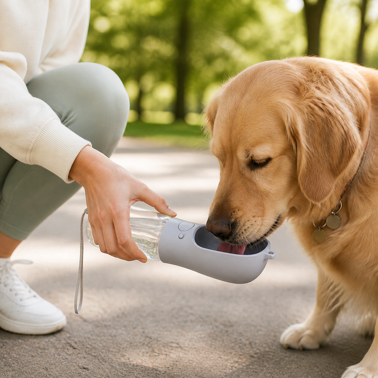 Portable Dog Water Bottle — 350ml — in-room or garden context