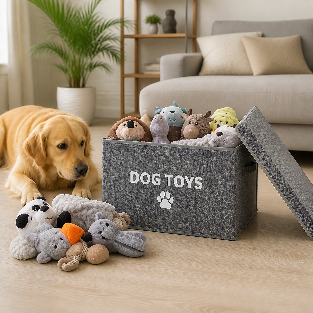 Toys organised beside storage box