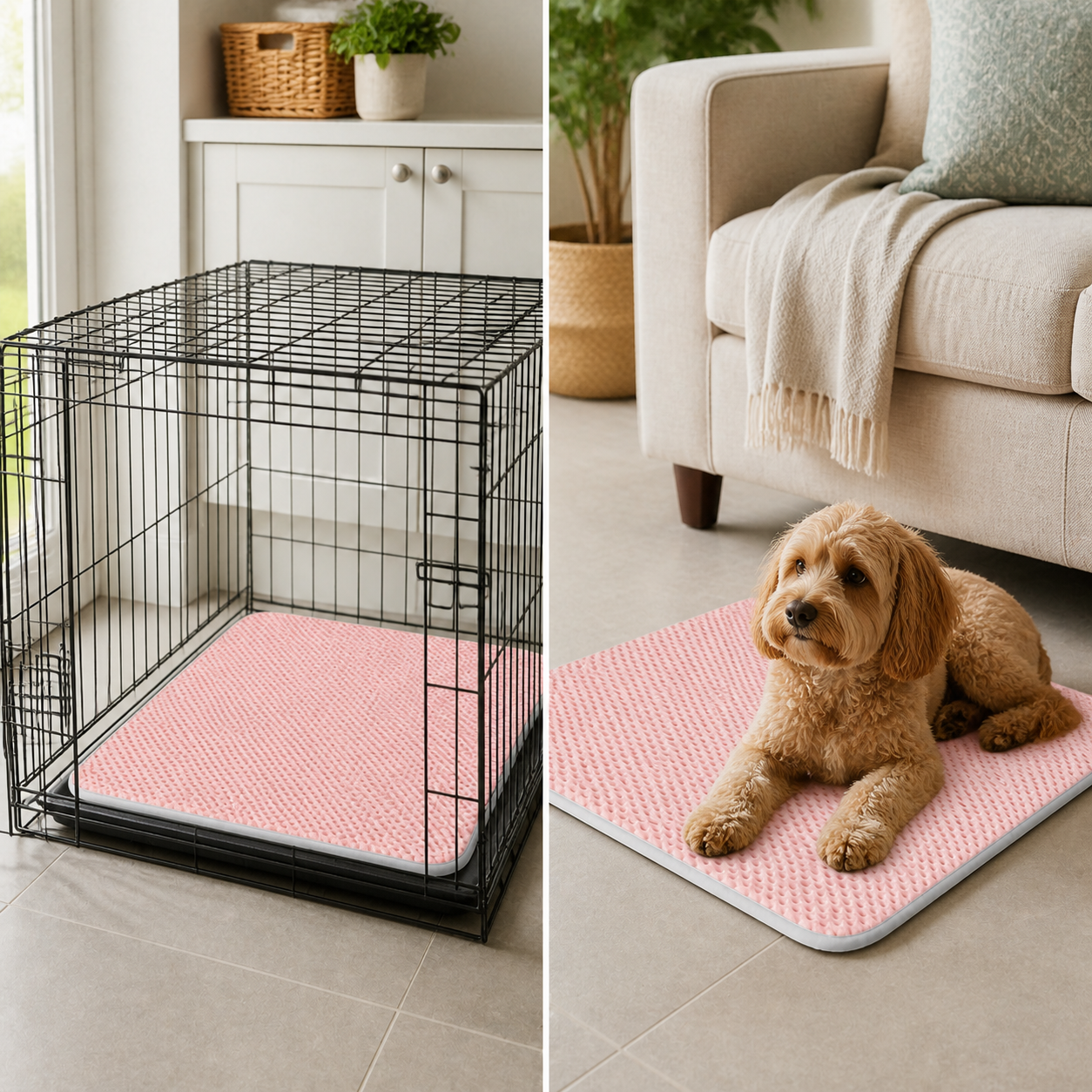 Pink breathable pet mat used in a crate and on the floor