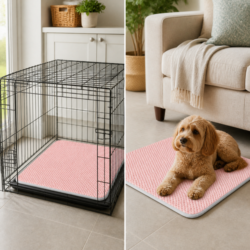 Pink breathable pet mat used in a crate and on the floor