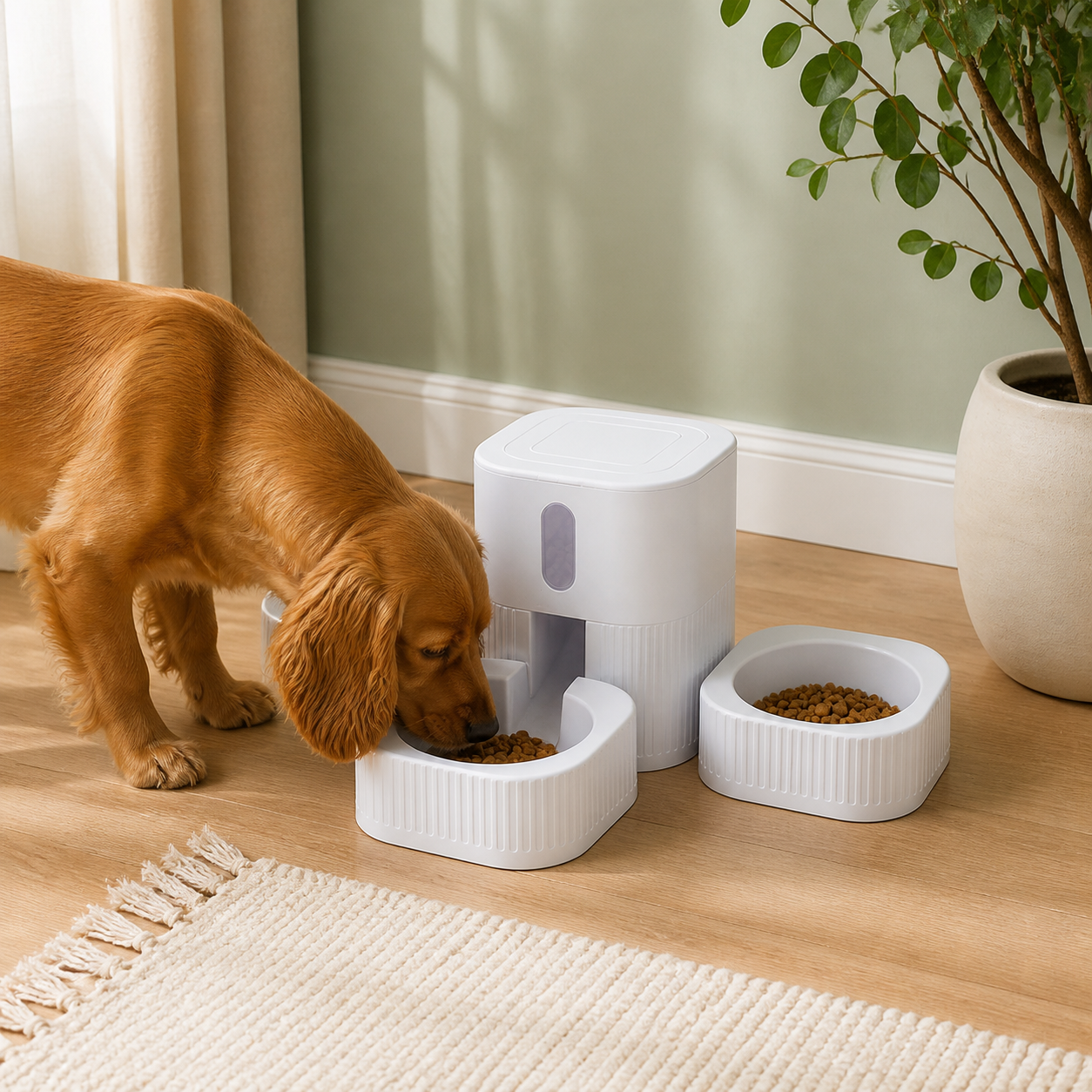 Three-Bowl Gravity Pet Feeder — in everyday use