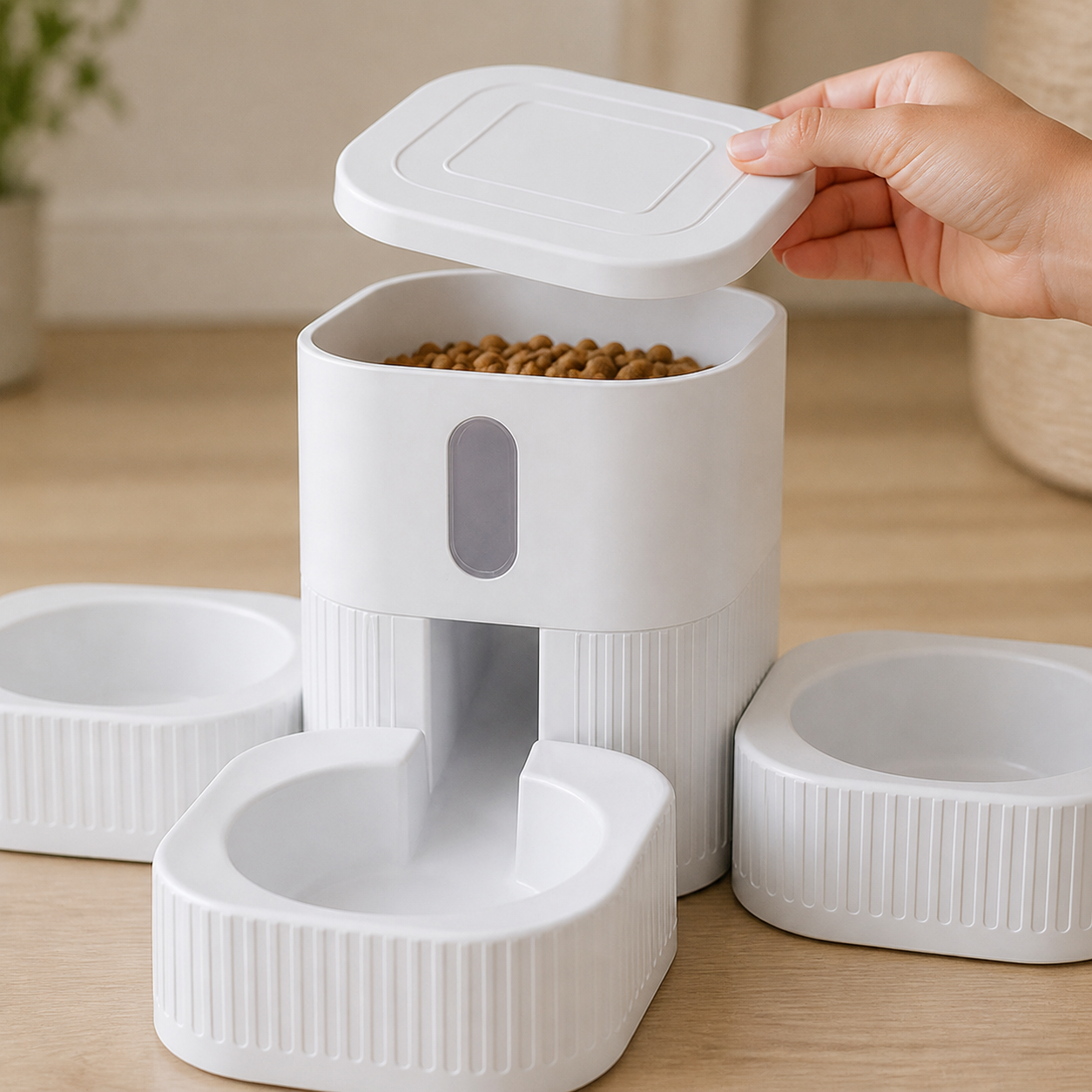 Three-Bowl Gravity Pet Feeder — key feature detail