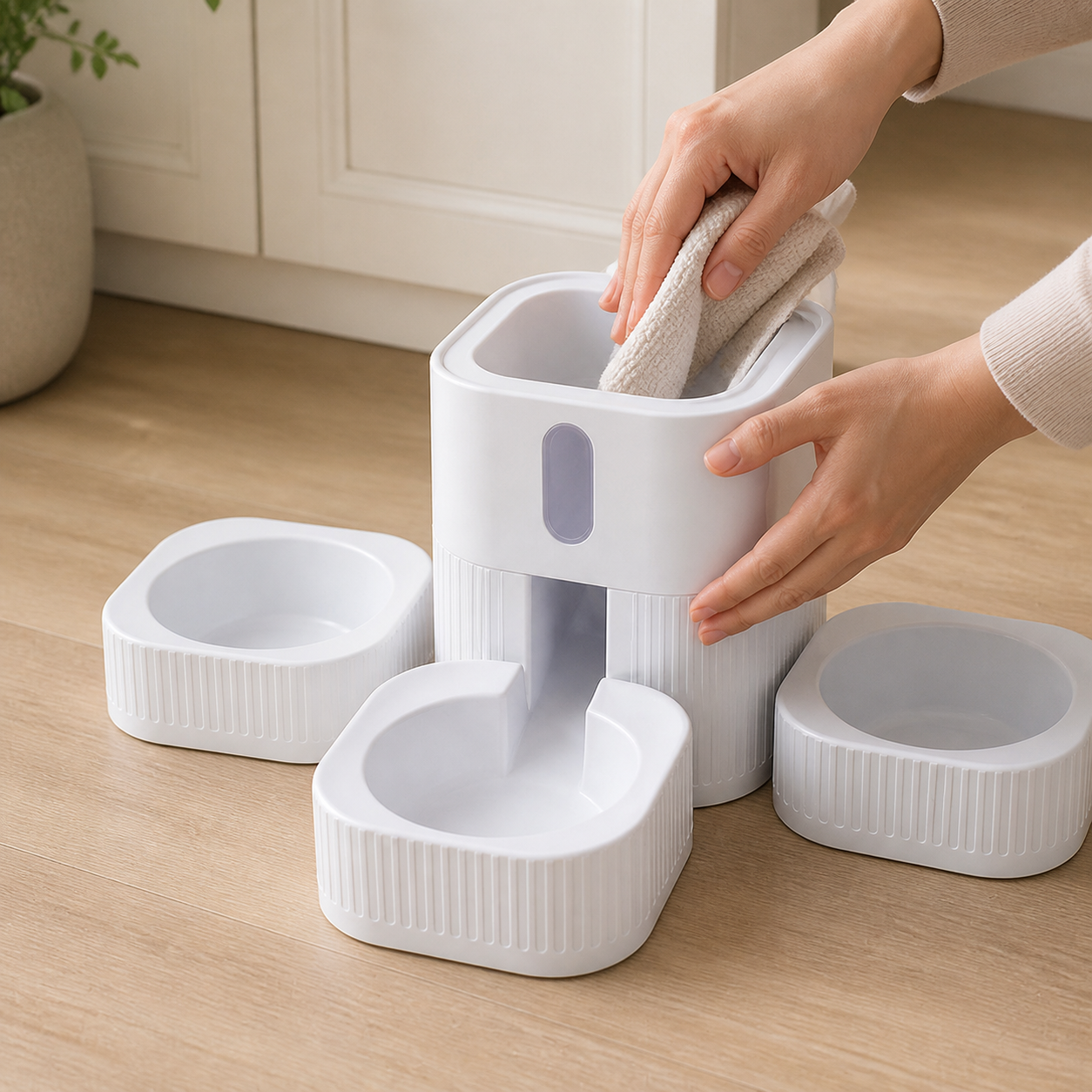 Three-Bowl Gravity Pet Feeder — storage or care view