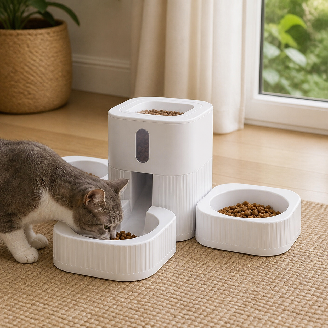 Three-Bowl Gravity Pet Feeder — in-room or vehicle context
