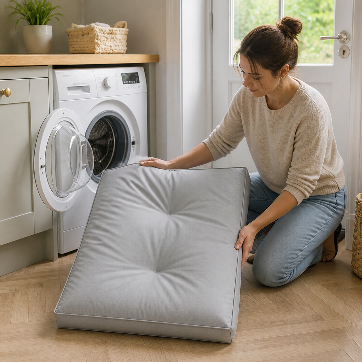 Washable Waterproof Pet Mattress — Grey, Small — storage or care view