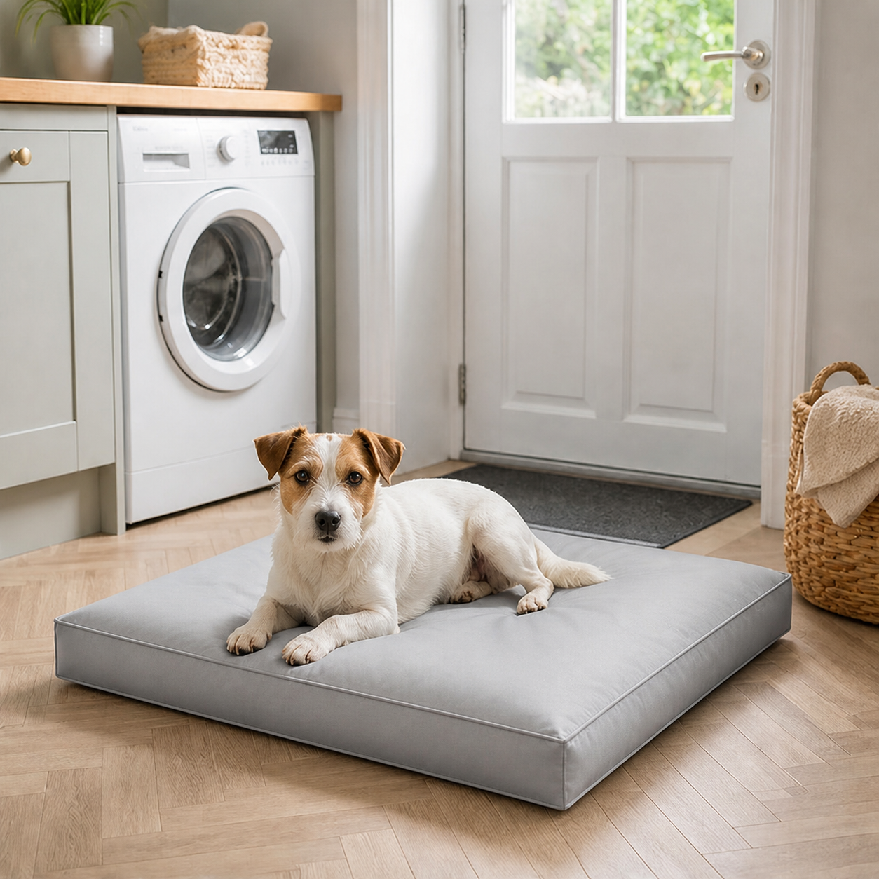 Washable Waterproof Pet Mattress — Grey, Small — in-room or garden context