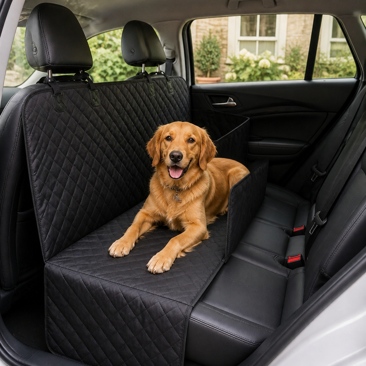 Split Rear-Seat Pet Cover — Shared Passenger Layout — in everyday use