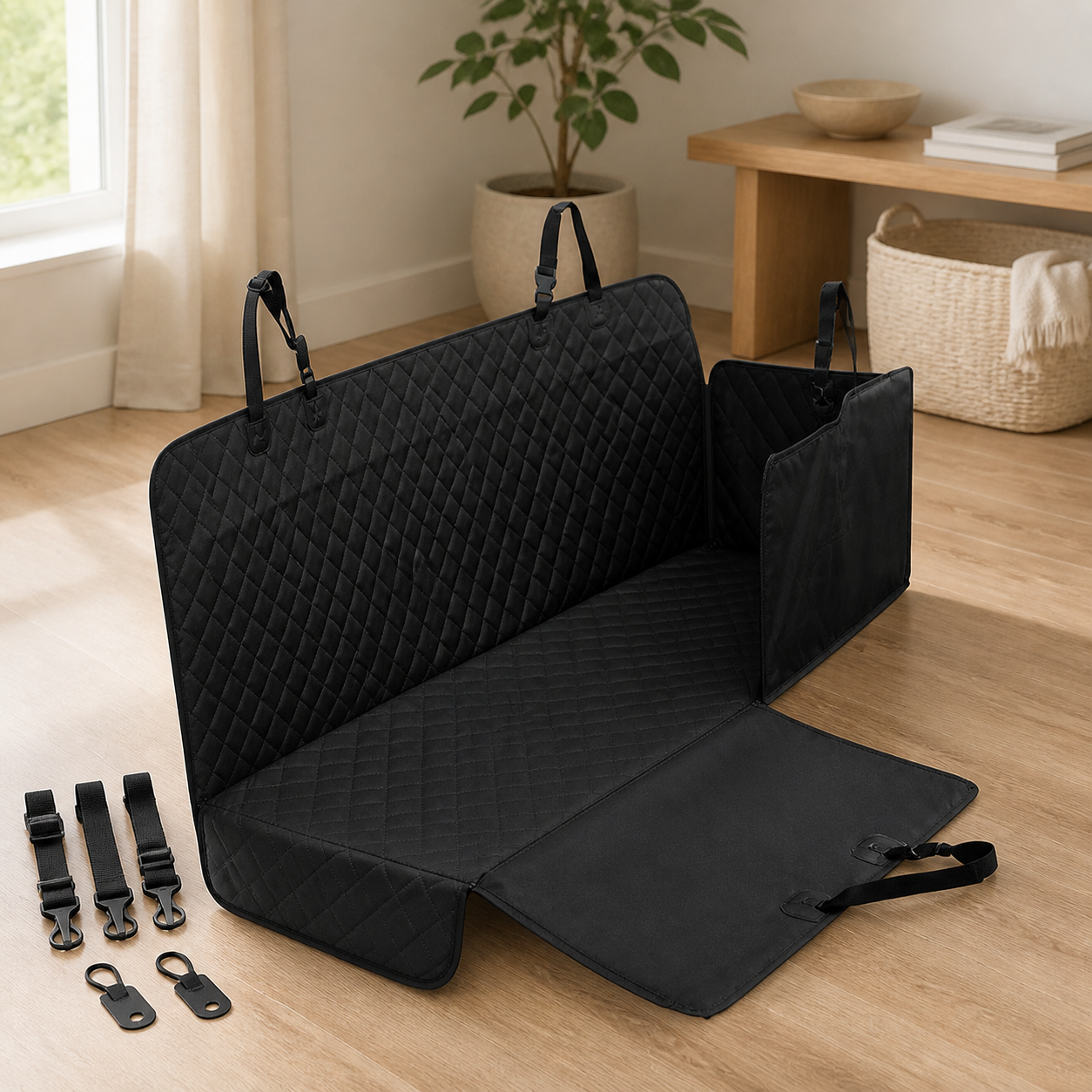 Split Rear-Seat Pet Cover — Shared Passenger Layout — included components