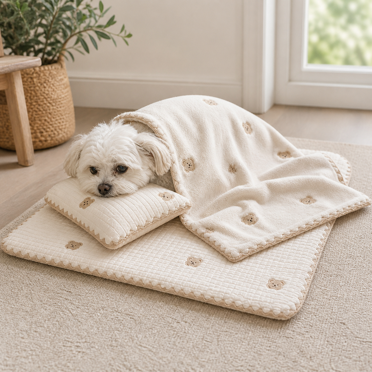 Washable Dog Bed With Pillow & Cover — Bear, Medium — in everyday use
