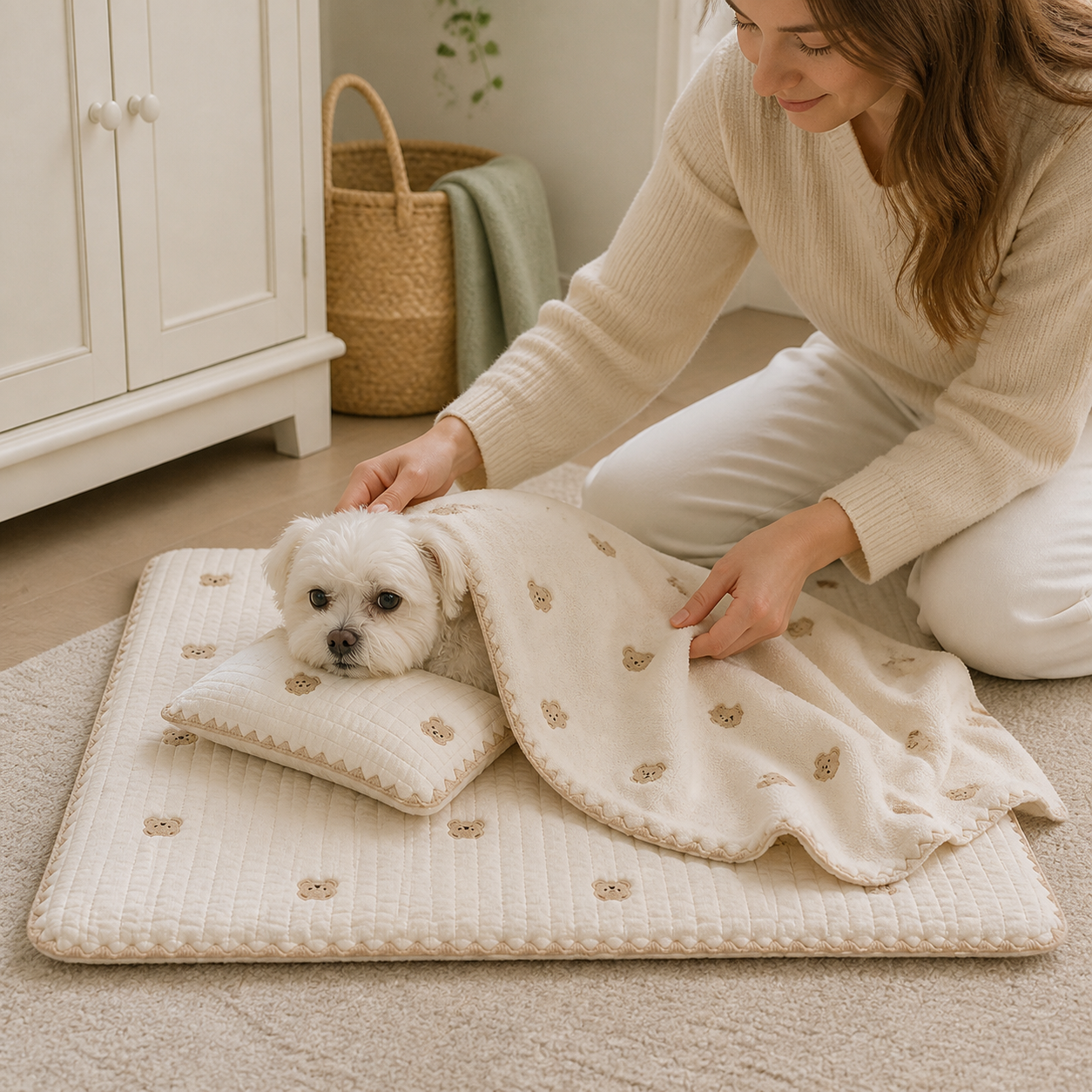 Washable Dog Bed With Pillow & Cover — Bear, Medium — owner setup