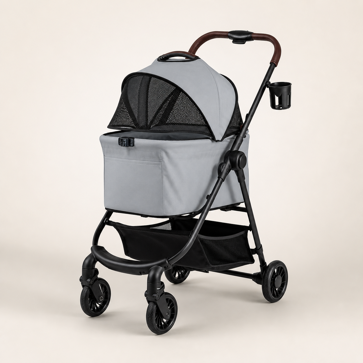 Grey 3-in-1 pet stroller with removable carrier